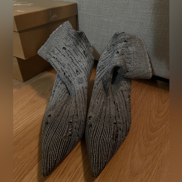 Christian Louboutin Tricot Lurex Sandrine 80 Sock Ankle Boots 42 Grey - Picture 8 of 11